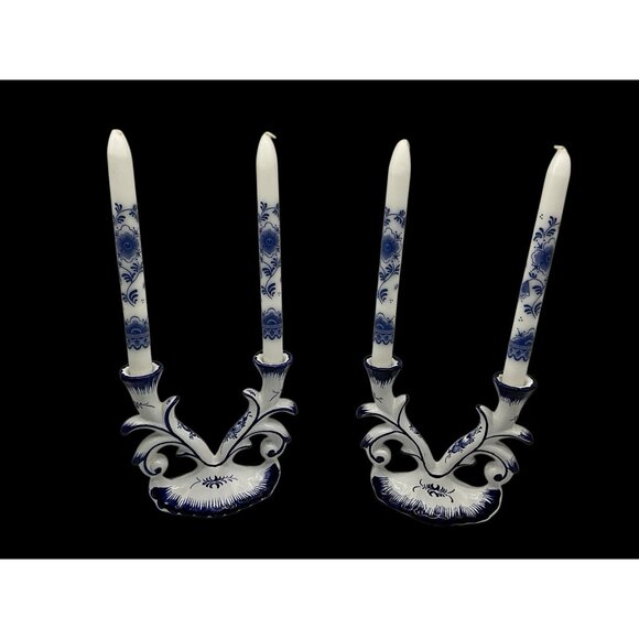 Blue and White Porcelain Double Candlestick, Set of 2, Made in Portugal w/Tapers - Picture 2 of 16